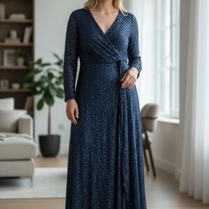 Elegant Navy Blue Sequin Wrap Dress